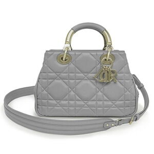 Christian Dior Lady Shoulder Handbag Cannage Calfskin Leather Gray
